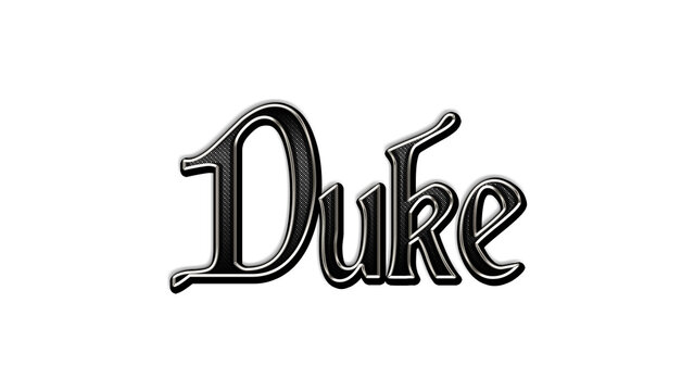 black metal 3d design of word Duke on white background.