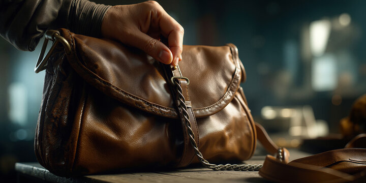 Inspecting leather bag. Artisan carefully finetunes metallic clasp on designer handbag