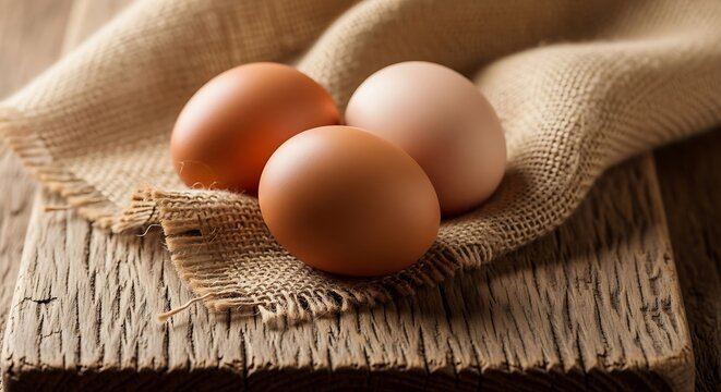Three brown eggs resting on a burlap cloth on a wooden surface
