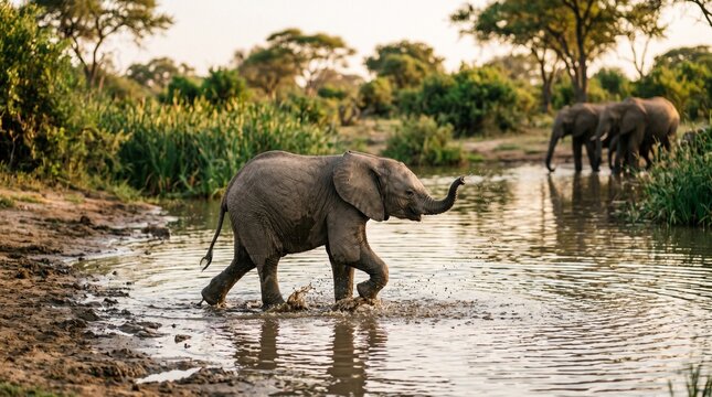 Young elephant calf walking through the muddy water of a river while the rest of the herd stands nearby peacefully