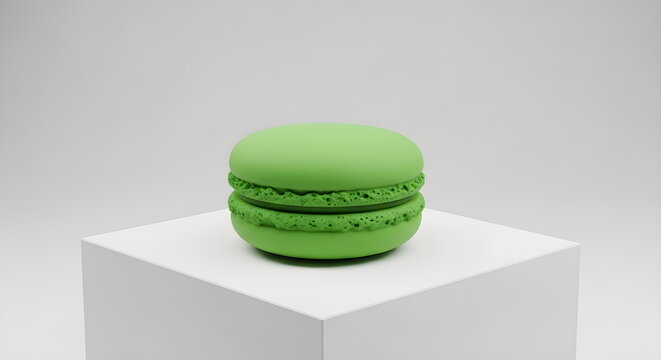 Minimalist Green Matcha Macaron on a White Cube Pedestal