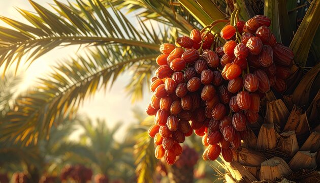Lush date palm tree with ripe, vibrant dates in the sunlight.