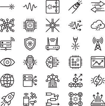 30 Photonics & Silicon Photonics Line Icons &ndash; Laser, Optical Chip, Data Transmission Minimalist Vector Outline Set for UI UX