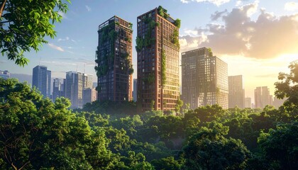 Fototapeta premium Lush Green Cityscape - Nature Reclaims Urban Architecture in a Post-Apocalyptic Vision.