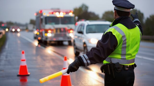 Traffic control officer directing vehicles on rainy highway, road safety measures, emergency response coordination, fluorescent safety vest, law enforcement duties, traffic management