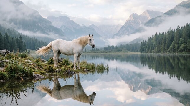 Majestic white horse standing peacefully near the calm mountain lake reflecting its elegant silhouette in the pristine morning water surface