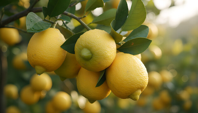 Close up of fresh juicy lemons on a sunny citrus tree. . lemon garden. lemon picking. lemon harvest. citrus harvest. citrus fruits close up. freshly picked lemons. eco lemons. organic lemons close up.