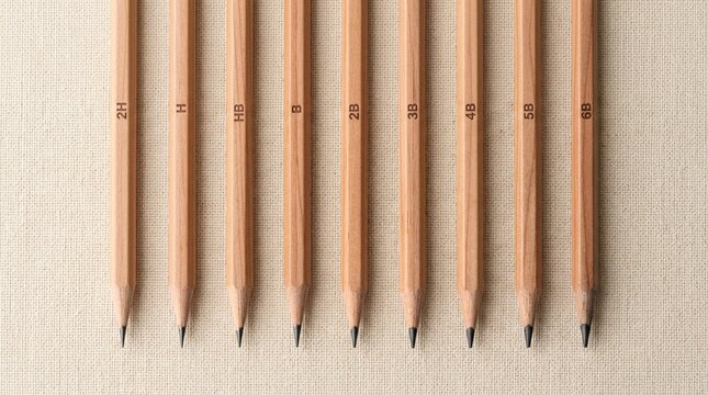 Set Of Drafting Pencils Graded From 2h To 6b Arranged In Row By Weight Graduating Graphite Tones