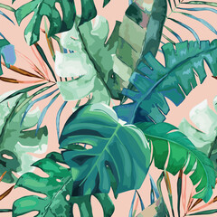 Tropical seamless pattern with palm leaves. Summer jungle background. Vintage vector illustration. Rainforest hawaiian landscape © natikka