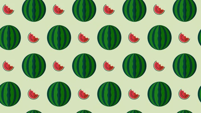 Whole and Bitten Watermelon Slice Seamless Pattern Background, summer refreshment and picnic concept.