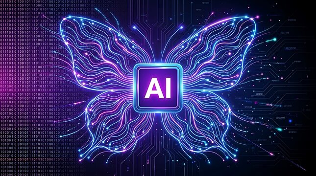 Vibrant butterfly with AI logo emerges from neon circuitry in digital landscape
