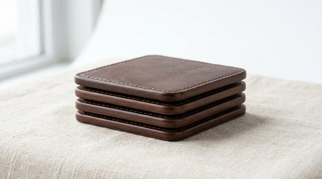 Leather Coaster Set Set Of Four Square Leather Desk Coasters Stacked