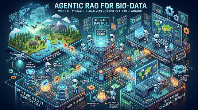 Agentic RAG for Bio-Data: 3D isometric infographic showing AI agents "Retrieving" wildlife migration data and "Generating" conservation plans. Professional tech aesthetic.
