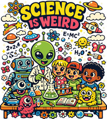 Obraz premium Funny Monster Science Classroom with Alien Teacher and Experimental Lab Characters Vector