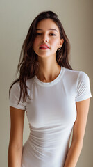 Fototapeta premium egyptian female model in fitted white tshirt minimalist studio portrait, modern casual fashion portrait of egyptian woman in plain white tee, beautiful egyptian model wearing simple white cotton shirt