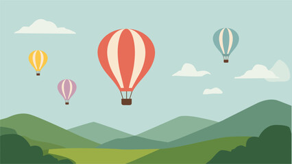 Obraz premium Colorful hot air balloons floating over green mountains