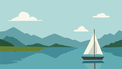 Naklejka premium Flat mountain lake landscape with a minimalist sailboat. Peaceful nature vector background, perfect for travel and serene outdoor themes