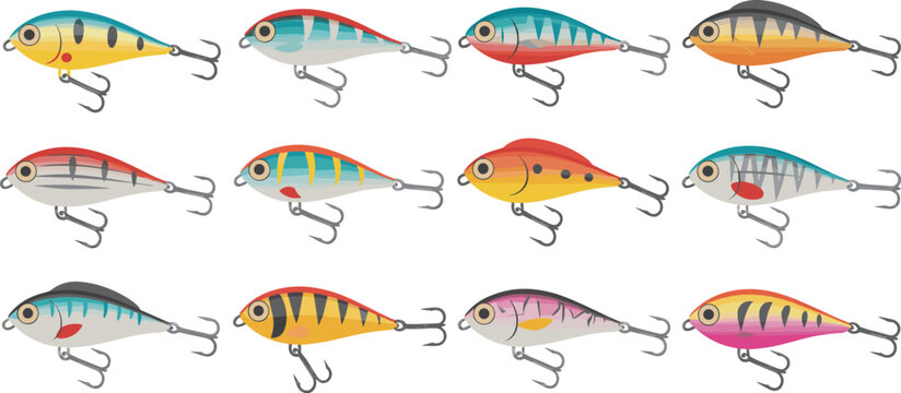 Fishing lure collection vector illustration, colorful artificial bait set, detailed tackle design for angling sport, realistic fish lure icons