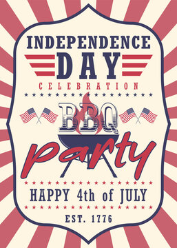 Vintage-style poster for Independence Day celebration featuring BBQ party with American flags, stars and stripes. Perfect for 4th of July events, invitations, banners, flyers.