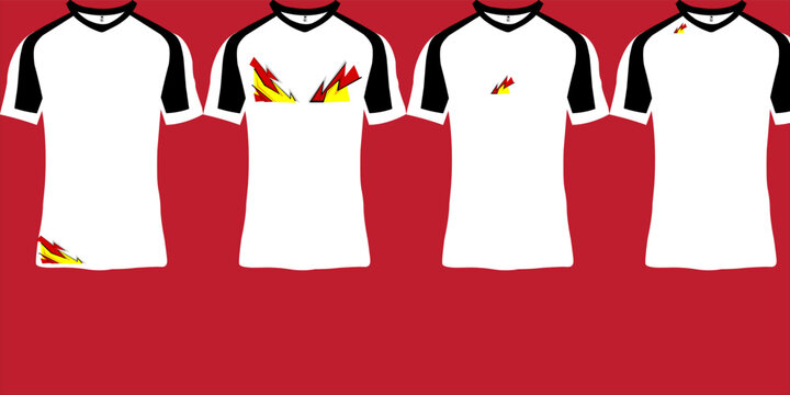 A collection of white sports jersey mockup designs with black sleeve accents and dynamic red and yellow lightning graphics, perfect for esports team uniforms.