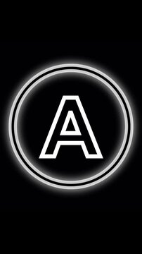 Glowing animated white letter A inside double ringed circle. Letter A alphabet character. Shining white alphabet a inside two light rings on black backdrop with soft pulsing glow animation.