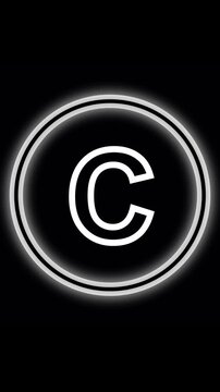 Glowing animated white letter C inside double ringed circle. Letter C alphabet character. Radiant white letter C enclosed in two luminous rings with gentle motion and shining animation.