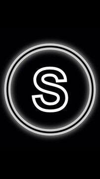 Neon animated white letter S inside double ring on black background. Letter S alphabet character. Bright white letter S framed by twin neon rings with subtle rotation and luminous animation.