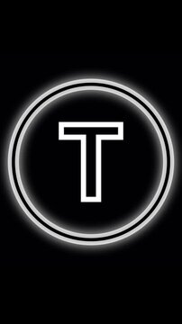 Neon glow letter T inside double circle on black background. Letter T alphabet typography. Vivid neon letter T placed inside twin animated rings with elegant rotation and shining effect.