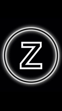 Neon glowing animated white letter Z inside a double ringed circle. Letter Z alphabet. Shining white neon letter Z enclosed in dual animated rings with gentle motion and radiant alphabet.