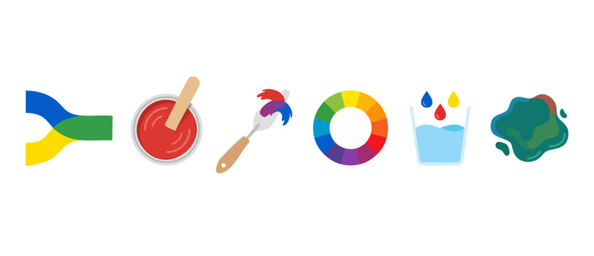 Paint Mixing Tools and Color Theory Icons Set for Design Projects - Creative Illustration for Artists and Graphic Designers showing Mixing Process, Color Wheel, Palette Knife, and Paint Water Cleaning