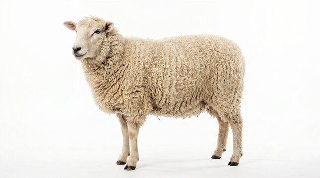 Fluffy white sheep stands calmly while facing towards the left side in this isolated studio portrait on white background area