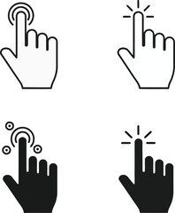 Fototapeta premium Four hand cursor icons one outlined with circles another outlined with rays solid black with circles solid black