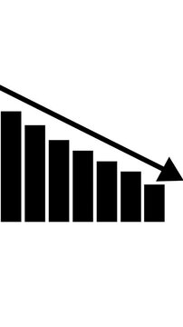 Black bar graph with downward arrow indicating decline on white. Bar graph decline trend. Minimalist black bar graph showing falling financial data with a descending arrow on white backdrop.