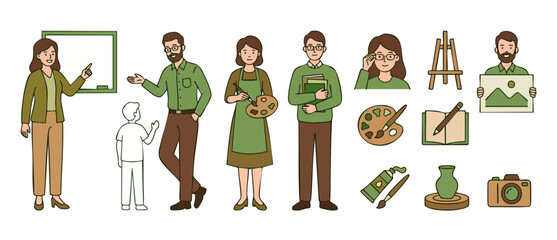 Art Teacher Characters Set with Education Tools and School Supplies, Illustration of Creative Instructors and Students in Classroom Environment, Flat Vector Style Design for E-learning or School Proje © Fernando