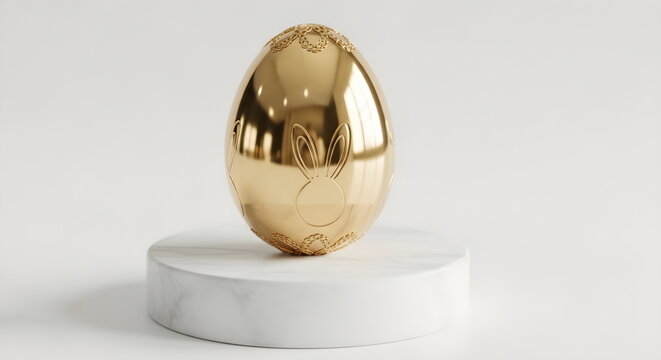 3D Render of a Gold Easter Egg on a White Marble Pedestal