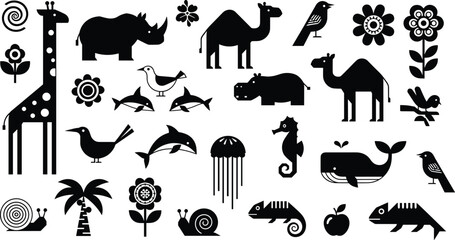 Minimalist Wildlife and Nature Silhouette Icon Set Featuring Giraffe, Whale, Dolphin, Birds, and Tropical Plants for Environmental Branding and Children’s Educational GraphicsMinimalist Wildlife and N © Sonjoy