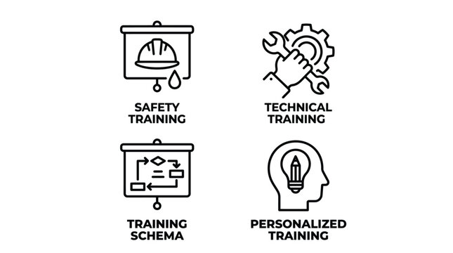 Vector graphic illustration of Four types of training icons safety technical schema personalized Vector