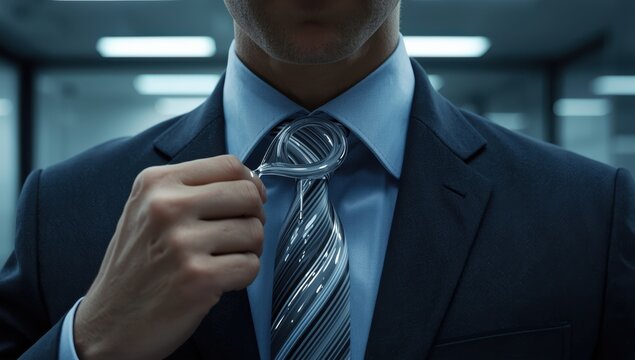 Businessman adjusting his tie in a modern office environment, showcasing confidence and professionalism with a sleek suit