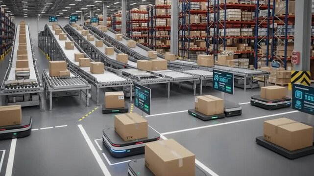 Automated warehouse logistics with robots and conveyor belts for efficient delivery.