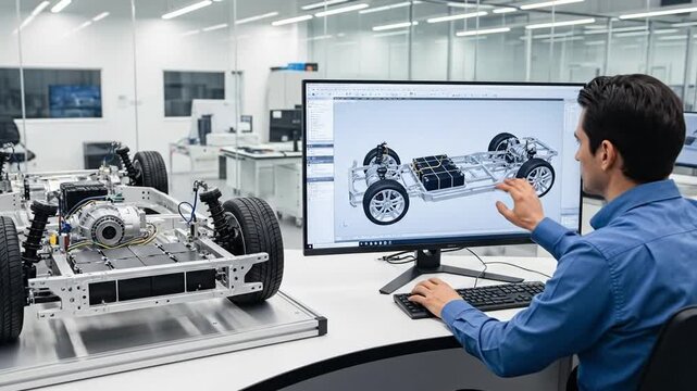Automotive Engineer Designs Car Chassis on Computer in Modern Lab.