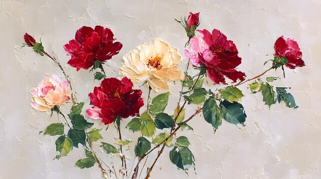 Vibrant roses bloom in an oil painting style with thick textures.