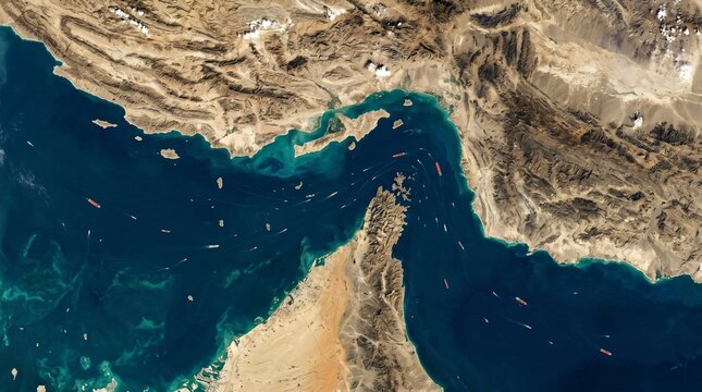 Aerial View of Strait of Hormuz with Busy Shipping Traffic