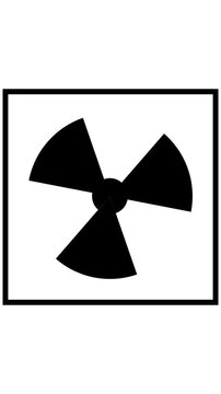 Black radioactive hazard symbol inside a square frame on white. Radioactive hazard symbol. Animated black three-blade radioactive hazard symbol in square frame for modern safety visuals.