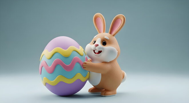 Adorable 3D Rabbit Character with Pastel Easter Egg on Blue Background