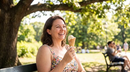 Fototapeta premium Woman sitting on a park bench enjoying ice cream on a sunny day with trees in the background