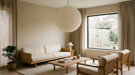 Fototapeta premium Cozy Japandi living room with natural light and minimalist furniture
