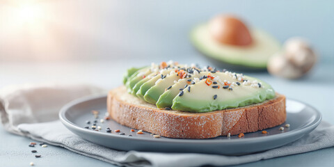 Fototapeta premium Healthy green breakfast. Plantbased snack featuring almondy toast and healthy toppings