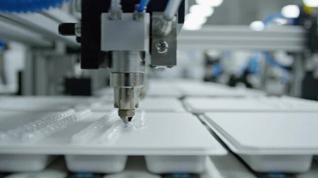Automated precision dispenser applying transparent sealant onto plastic panels on a high-tech industrial assembly line.