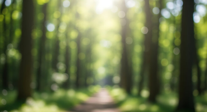 Sunlight filtering through trees on a forest path, creating a serene and inviting atmosphere