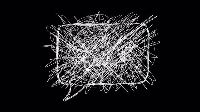 Hand-Drawn Scribble Speech Bubble Animation with Boiling Effect on Alpha Channel. "Boiling" line effect. Communication, hateful speech, mental overwhelm, complex thoughts in a whiteboard sketch style.